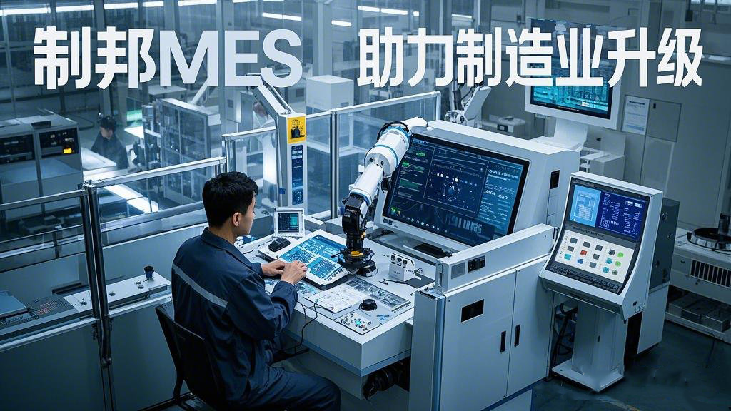 主題為 “制邦MES 助力制造業(yè)升級”。畫面呈現(xiàn)出一個現(xiàn)代化的智能工廠，車間里機(jī)械臂有序地工作，在工廠的中控室里，大屏幕上展示著生產(chǎn)數(shù)據(jù)和制邦MES的數(shù)據(jù)分析圖表，一位工程師正在通